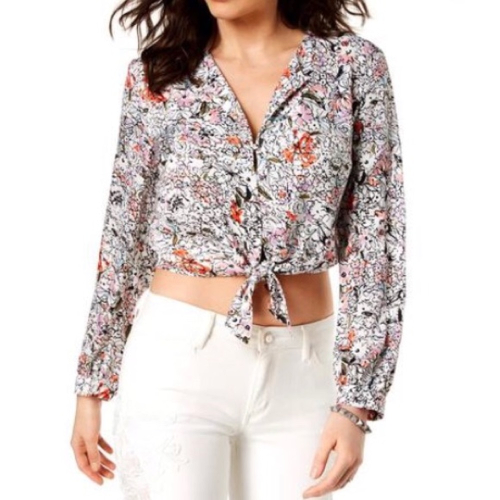 Guess Floral Satin-Like Long Sleeve Crop Top XS